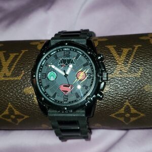 Justice League Watch by Accutime Large Black with 4 Superhero Logos Works Great‎